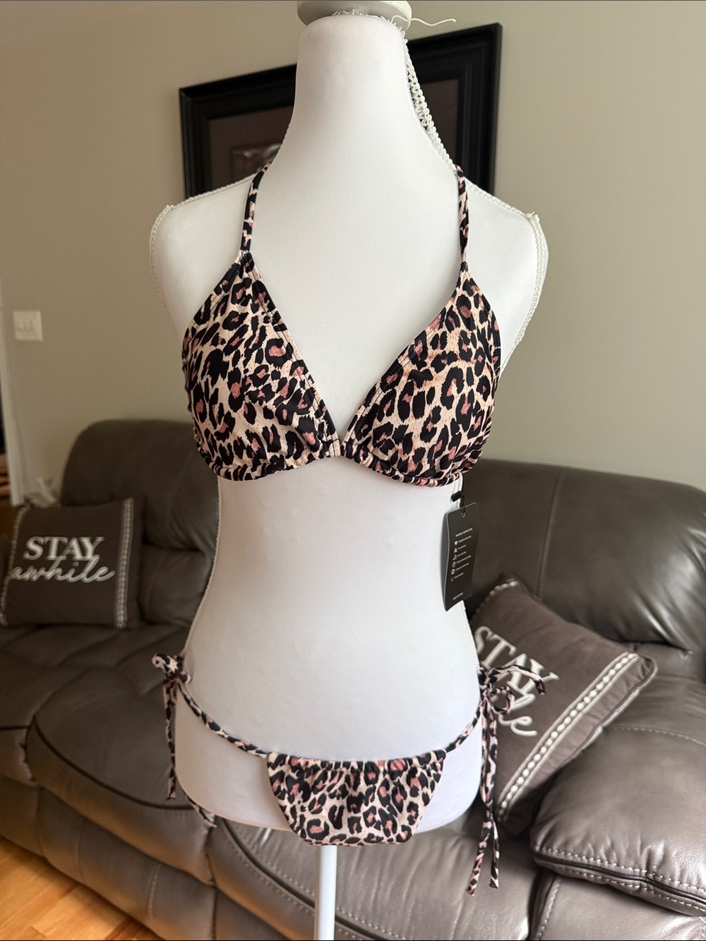Leopard Print Triangle Bikini Set - Pink/Black